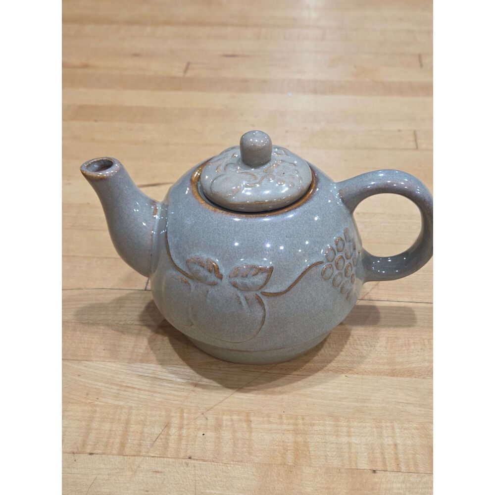 Vintage Otagiri Blue Stoneware Embossed Grape Peach Teapot With Lid